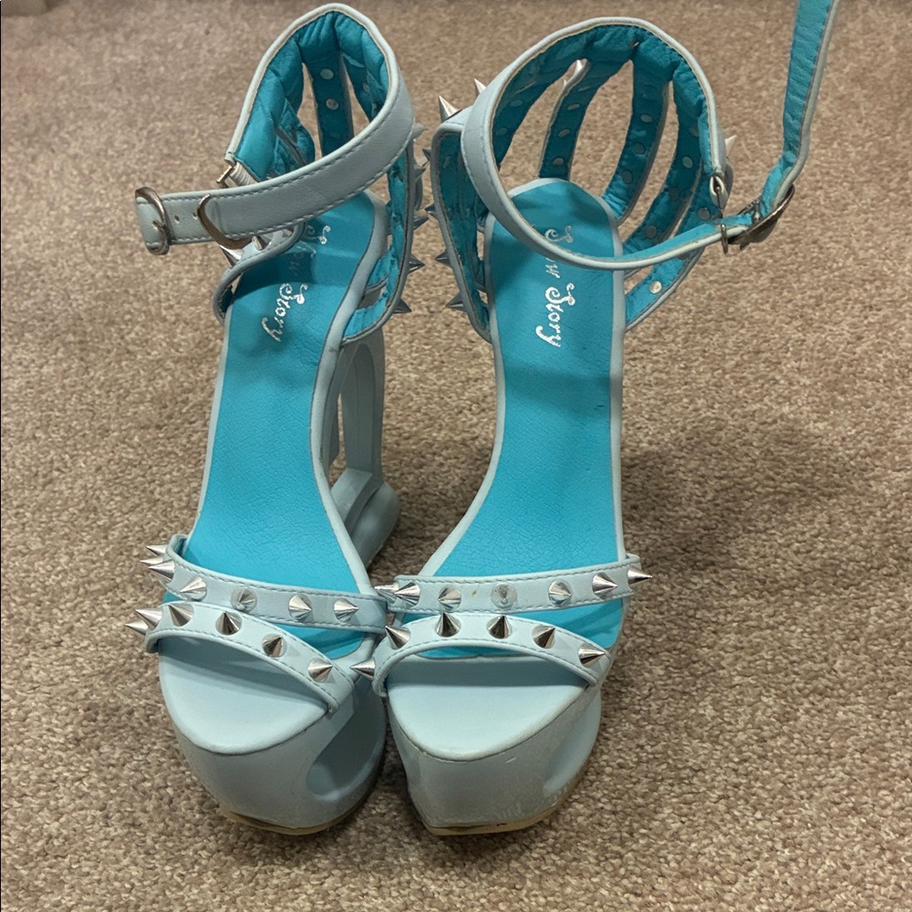 Studded Light Blue Platform Sandals with Ankle Strap